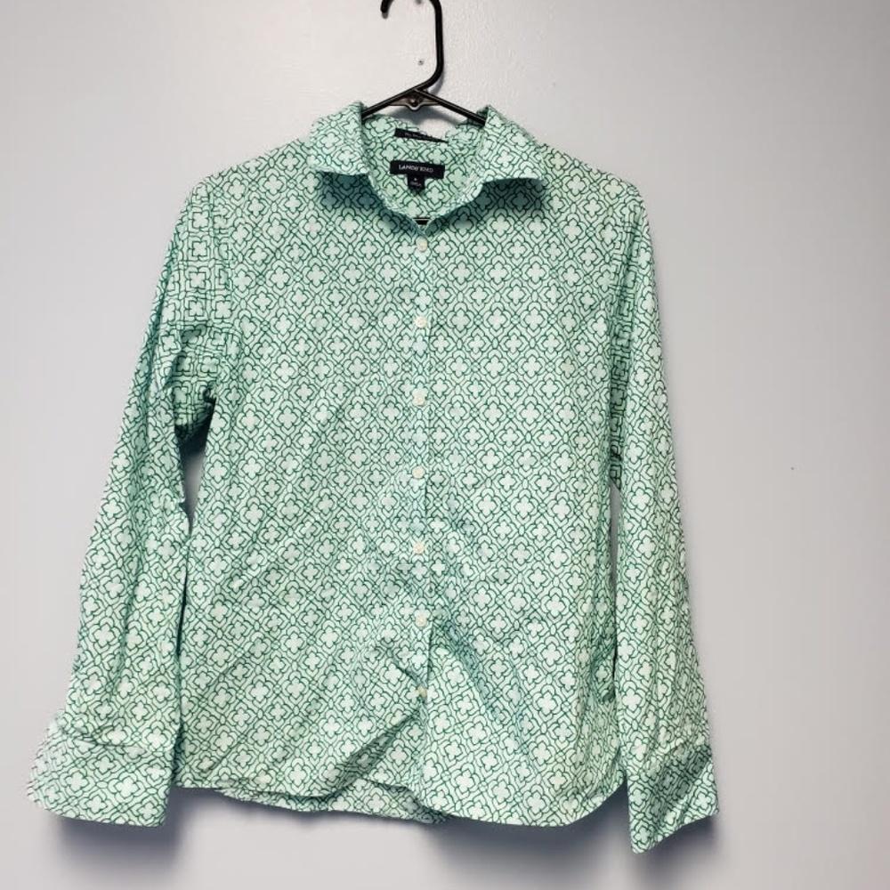 Lands End Button Down Shirt - Green Pattern-Size 6